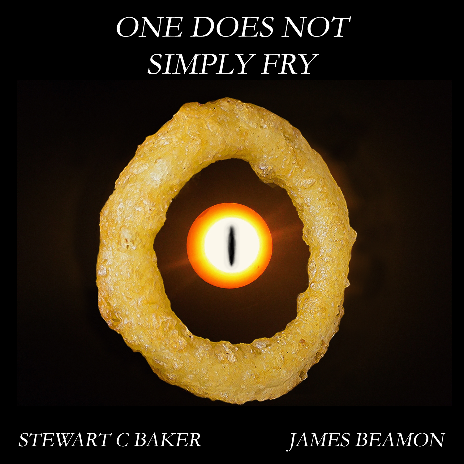 An onion ring floats on a black background, with a glowing orange eye staring out from the center
